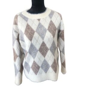 Mystree Cozy‎ Fuzzy Cream Plaid Preppy Argyle Academia Crew Neck Sweater Sz S
